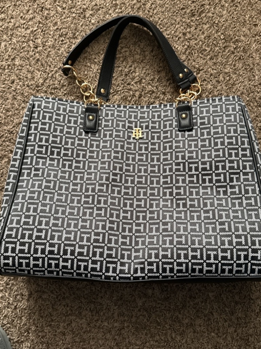 Tommy Hilfiger Large Monogram Tote Bag Black white Gold Chain Satchel Black